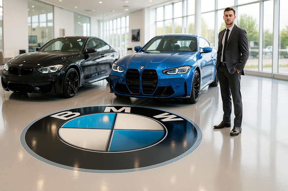 A bright BMW dealership showroom with a black coupe and a blue M4 displayed on a polished epoxy floor featuring a large embedded BMW logo, and a sharply dressed dealer standing next to the blue car.