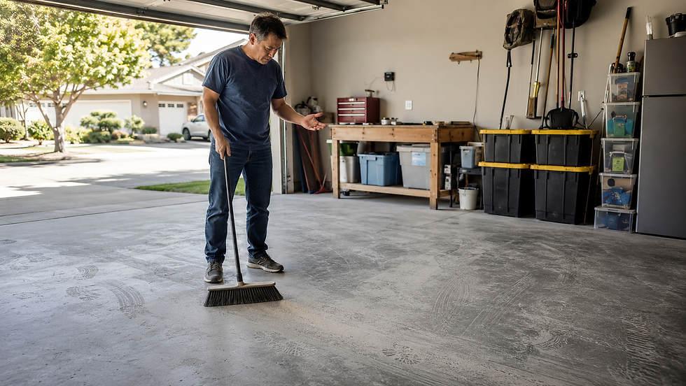 Befuddled homeowner sweeping a dusty garage floor in a San Jose residential garage, with fine gray concrete dust, powdery slab residue, broom marks, and surface wear showing why a garage floor stays dusty after sweeping.