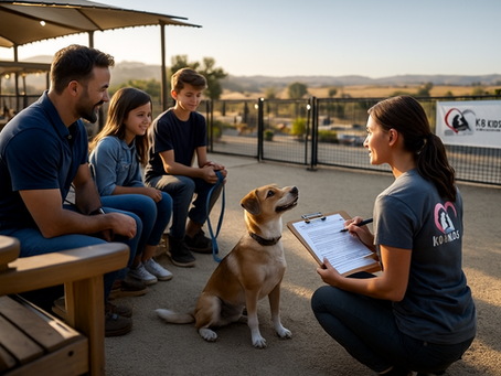 A rescue staff member sits with a clipboard in front of a tan and white dog while a family watches from wooden benches during an outdoor adoption meet at K9 4 KIDS. The fenced play yard and rolling hills sit in the background, with clear evening light across the scene.