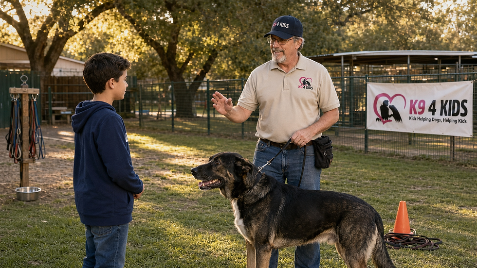 K9 4 KIDS trainer in San Martin teaching dog safety for kids as a child calmly asks permission before approaching a large rescue dog during a supervised youth-canine training session.