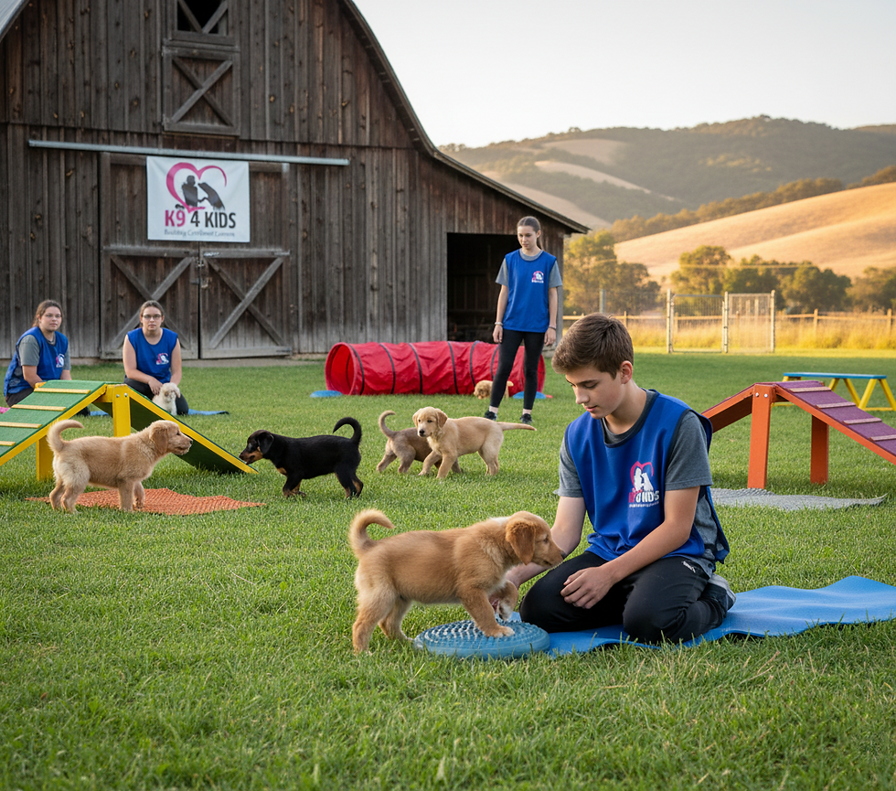 Photorealistic landscape image of a K9 4 KIDS puppy socialization class at a ranch. A diverse group of puppies (Golden Retrievers, rescues) interacts with agility gear and mats under the supervision of adult trainers and a teen wearing a branded vest, set against rolling South County hills at sunset.