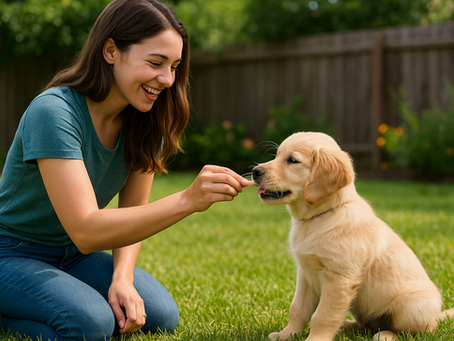 A smiling young woman kneels on a grassy backyard lawn, holding out a small treat to her Golden Retriever puppy, who sits patiently with its tongue slightly out, ready to take the reward; a wooden fence and blooming flowers frame the sunny scene.