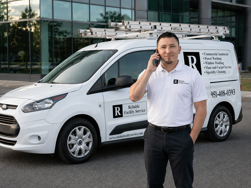 Man on phone beside a white Reliable Facility Service van with ladders, parked outside a glass office building.