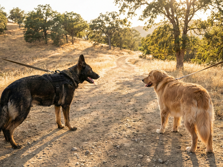 A large rescued German Shepherd and a Golden Retriever walking calmly on leashes separated by 10 feet on a rural South Bay trail during a parallel walking integration exercise.