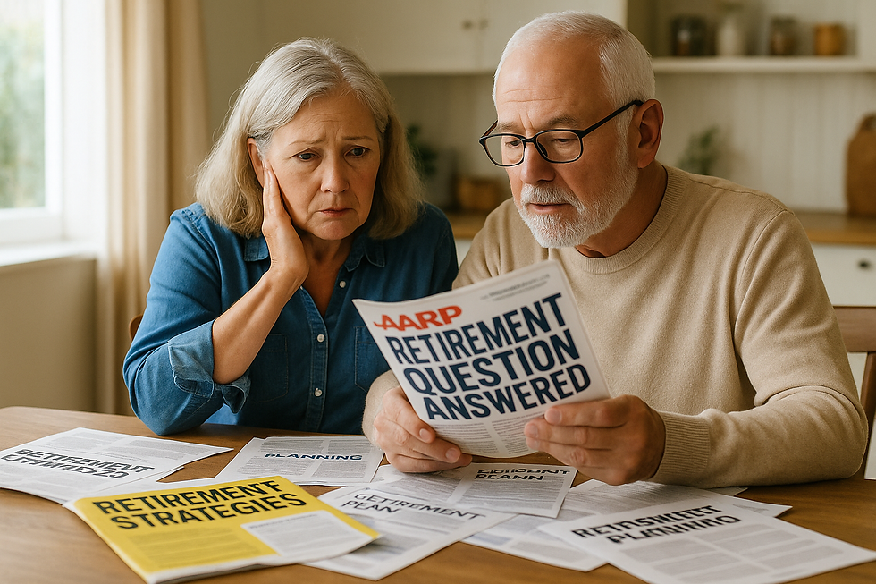 Senior husband and wife, both around 65, sit at a kitchen table covered in magazines and papers about retirement strategies. The husband reads an AARP article titled “Retirement Question Answered” while his worried wife listens attentively beside him.