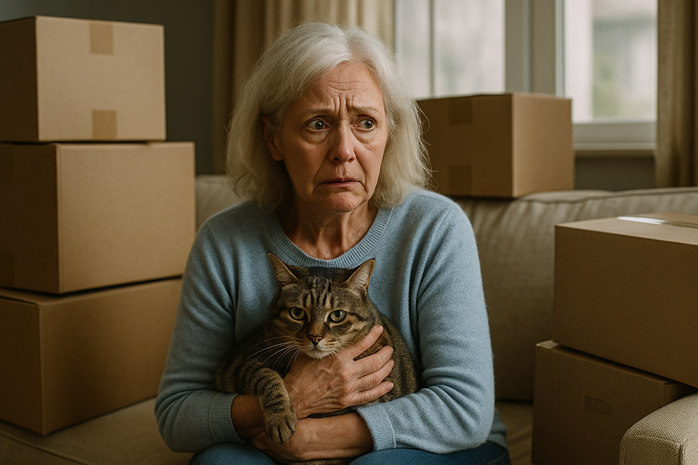 Senior woman sitting on a beige sofa with cardboard moving boxes stacked around her. She’s holding a gray tabby cat in her arms and appears visibly anxious, gazing into the distance. The room is softly lit by natural window light, conveying a quiet sense of stress and emotional overwhelm as she prepares for a move.