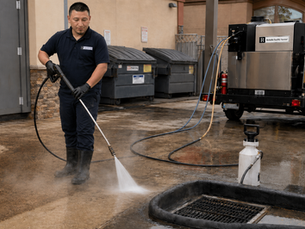 Reliable Facility Service technician performing hot water pressure washing on old grease stains from concrete at a San Jose commercial property, with drain protection, runoff control, and professional surface cleaning equipment visible.