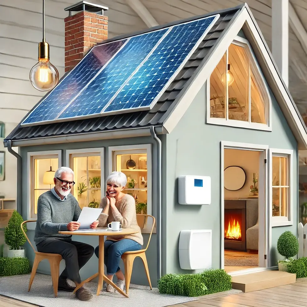 A cozy, downsized home featuring solar panels, LED lighting, and a smart thermostat. A senior couple sits at their dining table, smiling as they review a noticeably lower utility bill, representing the cost savings of a smaller living space.