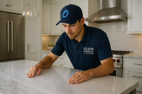 A young male technician wearing an Olson Marble & Stone Care branded navy shirt and cap carefully applies a full-width sheet of Marble Armor to a white marble kitchen island. The modern kitchen features white cabinetry, stainless steel appliances, and a polished marble surface under soft lighting.