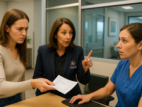 A middle-aged female tax advisor in a navy blazer with the KY logo points her finger at a surprised medical receptionist while an upset patient holds a printed bill at the counter of a modern clinic.