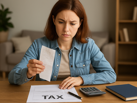 A young woman sits at a table reviewing a faded receipt while surrounded by tax documents, a calculator, and a notebook. Her expression is focused and slightly concerned, representing the stress of filing taxes without full documentation.