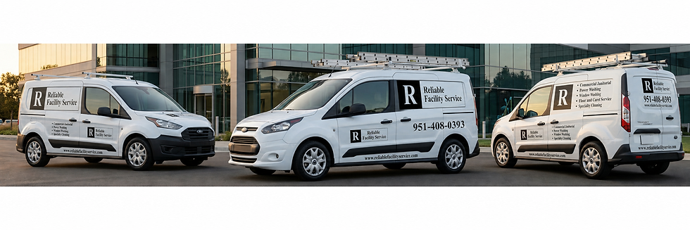Three white Reliable Facility Service vans parked outside a glass office building, with ladders on top and phone number 951-408-0393.
