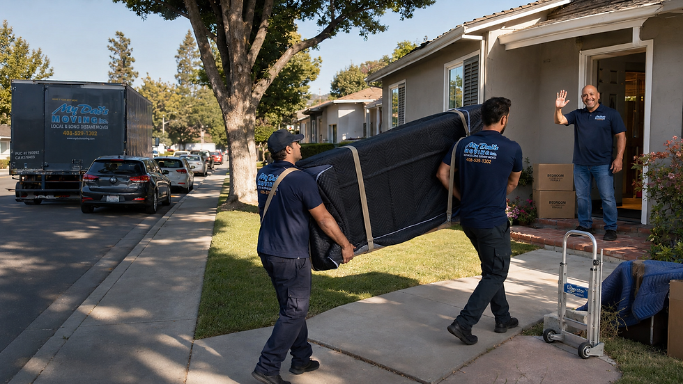 My Dad’s Moving Inc. crew handling a long carry moving situation in a South Bay neighborhood, with two movers carrying a padded couch from a moving truck parked far down the street while another employee waves from the home, showing how professional long carry movers manage difficult truck access safely.