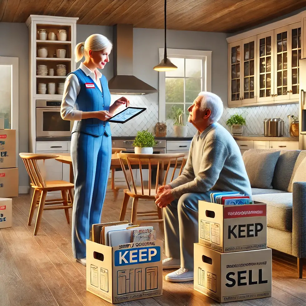 A downsizing consultant wearing a uniform with the logo "Simply Downsizing 4U" discusses a floor plan with an elderly couple in their living room. The room is filled with neatly labeled moving boxes for organization, emphasizing the structured approach to downsizing.
