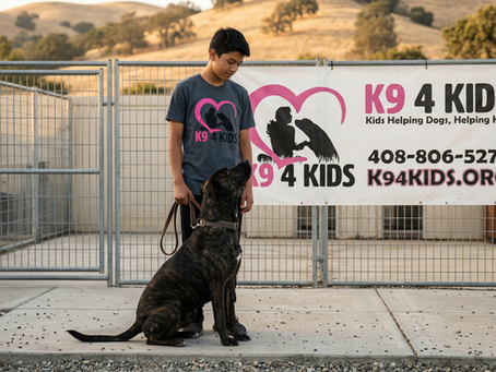 A quietly confident teenager demonstrates successful canine behavioral modification, training a large brindle rescue dog at a K9 4 KIDS rehabilitation facility in San Martin, proving effective confidence building for teens and the results of big dog rescue programs.