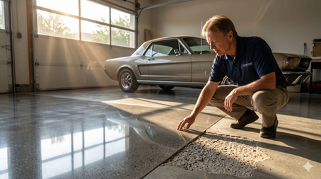 High-resolution photo of professional concrete spalling repair result, comparing mirror-finish polished concrete surface to a granular flaking spalling patch in a garage, with an Olson Marble & Stone Care expert.