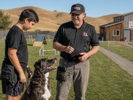 Youth participant practicing experiential therapy through supervised rescue dog training with a large dog and K9 4 KIDS trainer at a San Martin nonprofit facility, showing calm leash handling, emotional regulation, and animal-assisted youth mentorship.
