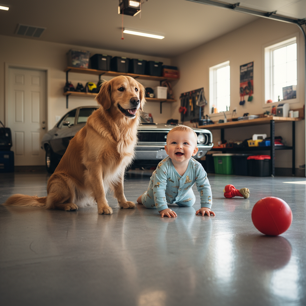 A smiling baby crawling toward a friendly dog sitting on a smooth, shiny epoxy-coated concrete floor in a bright garage, highlighting pet- and child-safe flooring.