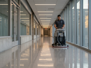 High-gloss commercial VCT floor reflecting a hallway after being stripped and waxed by Reliable Facility Service, showcasing a professional floor maintenance schedule result in a San Jose facility.