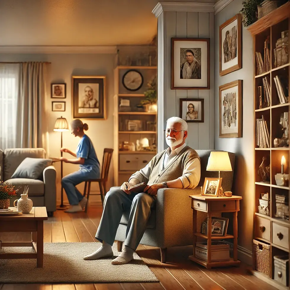 A senior man relaxes in a reading nook in his downsized home, surrounded by personal mementos, framed photos, and warm lighting. A caregiver is seen organizing items in the background, creating a comfortable and functional space.