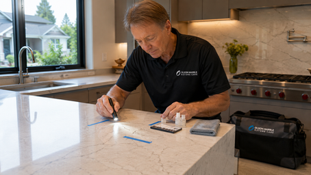 Olson Marble & Stone Care technician inspecting a hairline crack in a light quartz countertop near a kitchen sink in an upscale San Jose home, with repair tools and color-matched materials prepared for quartz countertop crack repair.