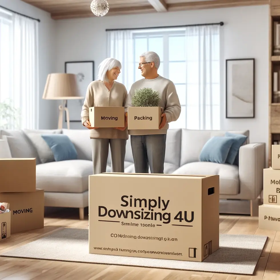 An elderly couple smiling while packing moving boxes in a well-lit, cozy living room. The boxes are labeled, and one features the business name "Simply Downsizing 4U." The scene represents the financial and emotional benefits of downsizing.