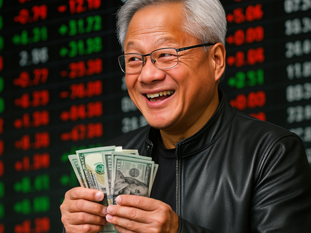 An older East Asian man with silver hair and black glasses smiles broadly while clutching a fan of U.S. hundred‑dollar bills in both hands. He wears a black leather jacket and stands in front of a large digital stock market display showing red and green ticker numbers.