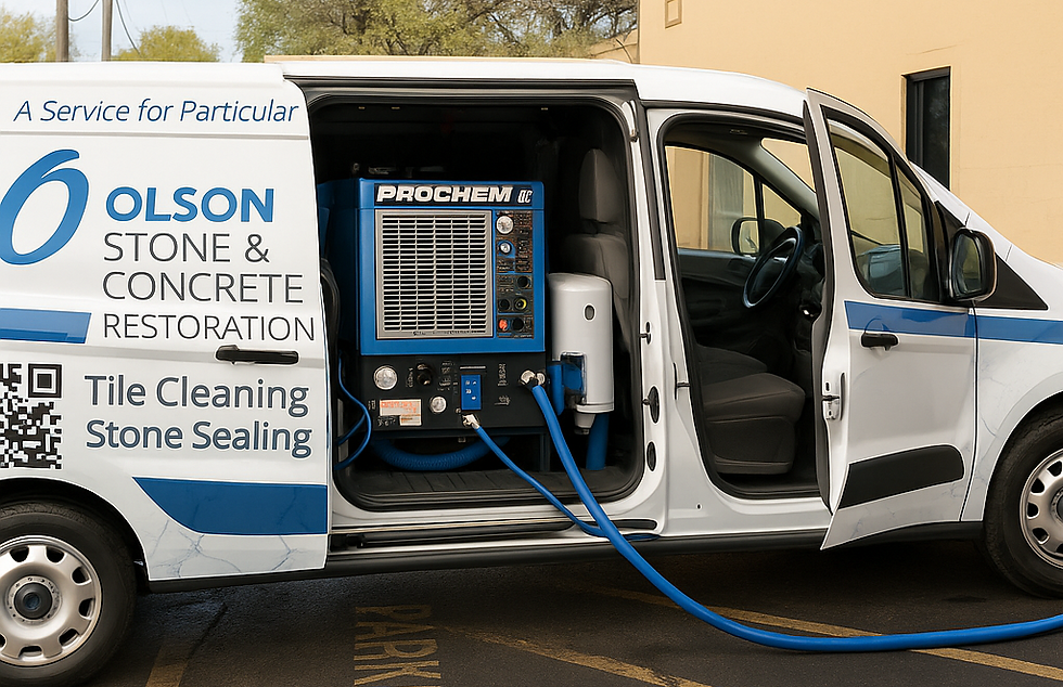 Olson Truck pulled in front of house with side door open showing its powerful High end Prochem Truck Mount System