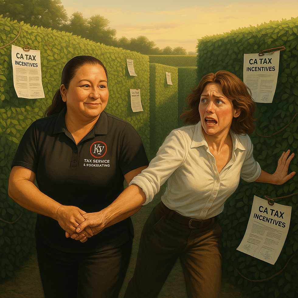 Kim Yurosko, wearing her KY Tax Service & Bookkeeping polo, leads a frantic woman through a hedge maze covered in CA Tax Incentive papers. The scene captures guidance, relief, and trust as she helps the woman find her way out toward the light.
