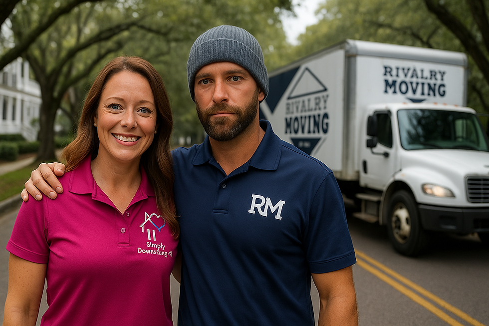 Joanna Decker wearing a magenta polo with the Simply Downsizing 4U logo stands with her arm around Jeremy Grove wearing a navy polo and knit beanie on a Charleston street. Behind them is a Rivalry Moving truck and historic homes under Spanish moss-draped oak trees.