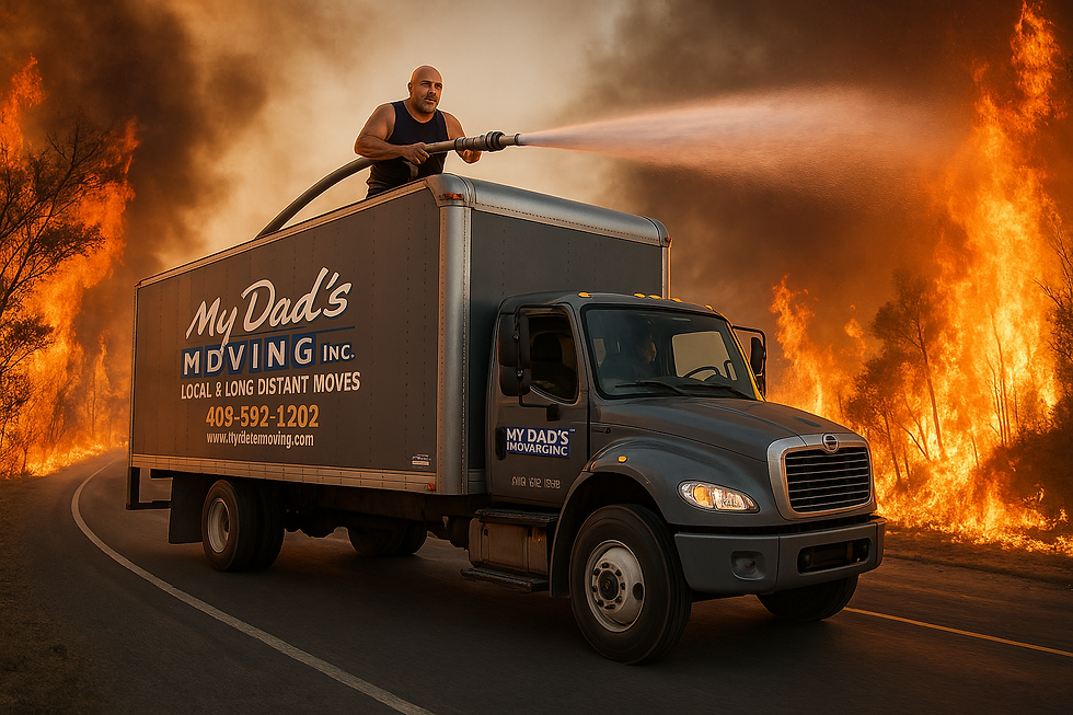 Rick Lopez Jr. stands on the roof of a My Dad’s Moving Inc. truck rolling down a highway bordered by roaring fires. He grips a professional firehose, directing a powerful stream of water at the flames under a smoky orange sky.