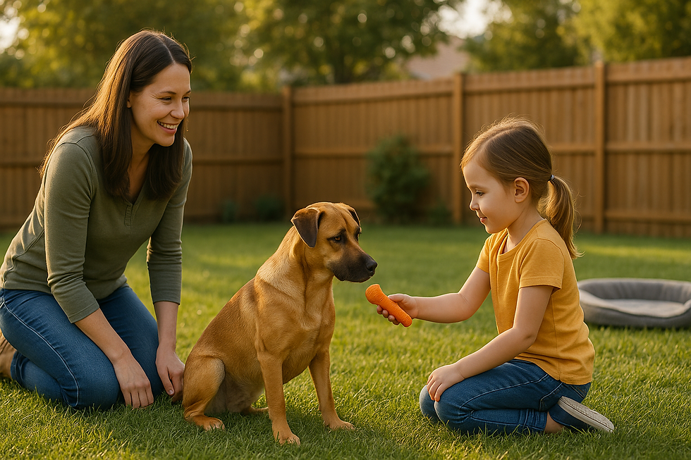 A mother kneels in a fenced backyard, smiling as she supervises her young daughter offering a toy to a calm tan rescue dog. A dog bed rests in the background, reinforcing the safe, structured environment.