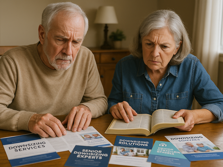A mature couple sits at a wooden dining room table, with several brochures from downsizing companies spread out before them. The wife, wearing a denim shirt, holds open a phone book and studies it intently, while the husband in a beige sweater leans over the table, frowning slightly as he reviews a brochure. Soft daylight filters in through a nearby window, highlighting their quizzical expressions as they weigh their choices.