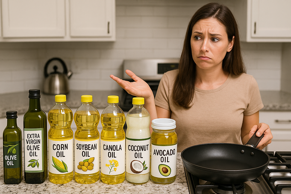 A confused woman in a modern kitchen holds a sauté pan beside six labeled bottles—olive, extra‑virgin olive, corn, soybean, canola, coconut and avocado oil—lined up next to the stove, pondering whether to use any of them.