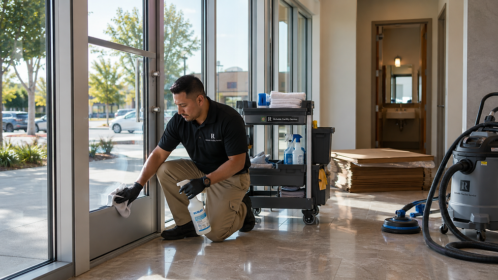 Reliable Facility Service technician performing post-construction commercial cleaning in a clean Southern California commercial entryway with spotless storefront glass, polished flooring, HEPA vacuum equipment, and final touch-up cleaning before tenant handoff.