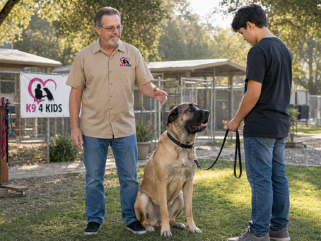Large breed rescue dog sitting calmly beside a K9 4 KIDS employee and youth participant during supervised leash training at a San Martin dog rescue facility, showing how big dog rescue programs help large shelter dogs become more adoptable.