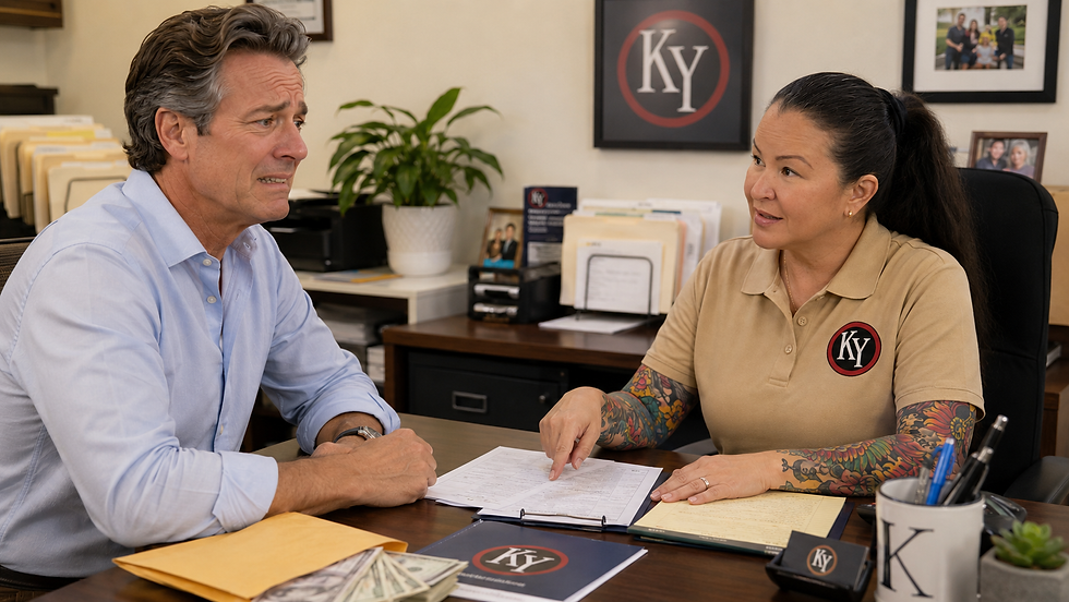 Photorealistic office consultation showing a wealthy middle-aged man seated across a desk from Kim Yurosko, Owner of KY Tax Service & Bookkeeping. Kim wears a tan KY-branded polo and points to tax documents while discussing legal ways to reduce tax exposure, plan for high earnings, and prepare for future tax obligations. The client appears concerned but attentive, with paperwork, financial documents, and a small amount of cash visible on the desk. The organized office includes file folders, framed photos, desk supplies, and subtle KY Tax branding in the background, reinforcing a professional tax-planning meeting for a high-income California taxpayer.