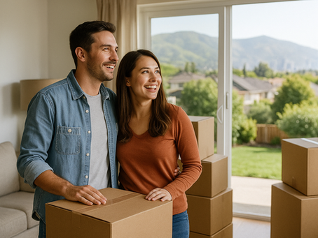 A smiling couple stands beside moving boxes in a sunlit living room, looking through glass doors toward the green hills of Morgan Hill.