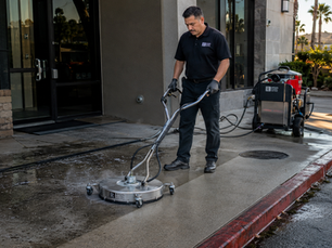 Reliable Facility Service technician performing commercial power washing and pressure washing on a concrete entryway at a Southern California commercial property, showing cleaned concrete, drain protection, controlled rinse water, and professional exterior cleaning equipment.