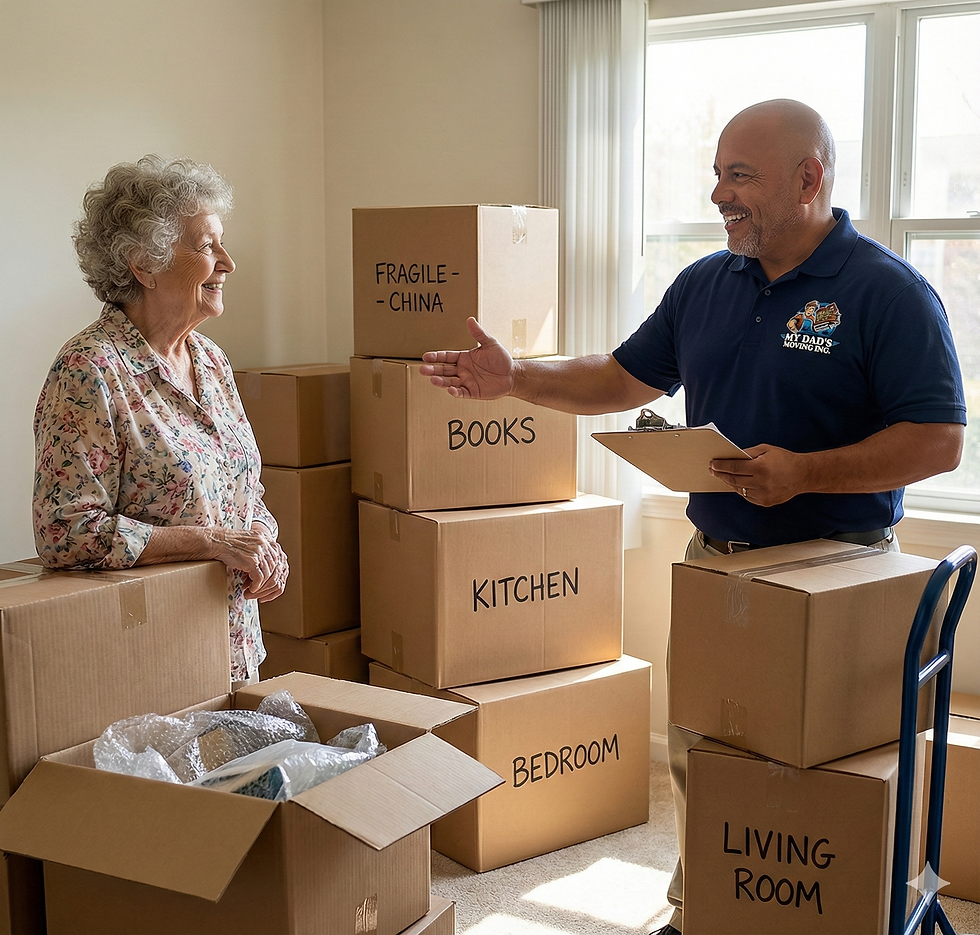 A man in a "My Dad's Moving Inc." polo holds a clipboard and gestures towards stacked, labeled cardboard boxes on a dolly while an elderly woman smiles at him in a sunlit room.