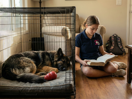 A photorealistic image of a large German Shepherd mix rescue dog sleeping peacefully inside a wire crate set up as a safe space bedroom in a sunlit South Bay ranch home, with a K9 4 KIDS youth volunteer sitting quietly nearby, illustrating crate training benefits for rescue dogs.
