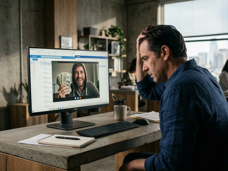 Stressed San Martin business owner looking at a smug internet scammer holding cash on a computer monitor, representing the severe financial impact of Business Email Compromise and the need for a casualty and theft loss deduction.