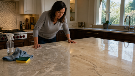 Homeowner inspecting etched and cloudy marble on a kitchen island with a restored section showing natural stone restoration results in a Bay Area home.