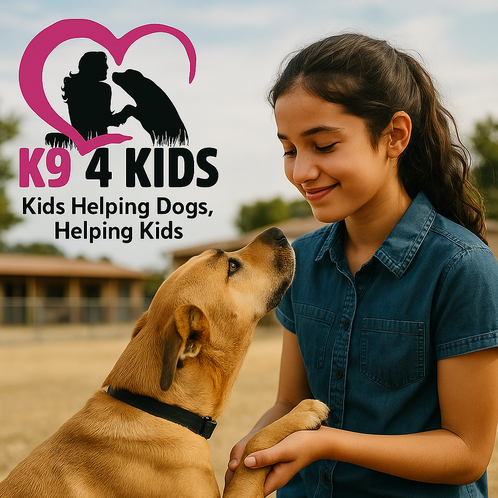 Landscape photo of a teen in a K9 4 KIDS t-shirt training a large rescue dog in a peaceful yard. A dog trainer observes nearby, and branded signage marks the kennel area in the background.
