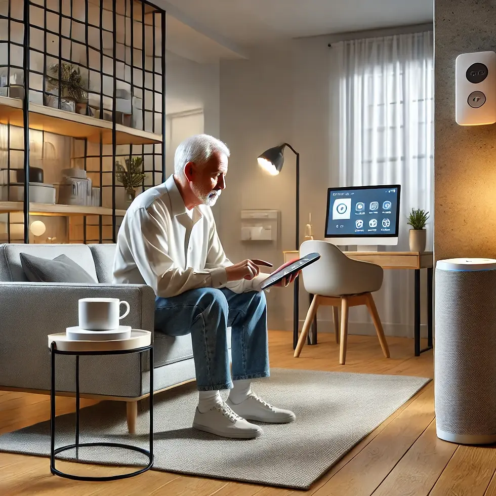 An elderly man sitting in a contemporary downsized living room, using a tablet to adjust smart home lighting. A smart speaker and other accessible devices are in view, demonstrating the convenience of technology-assisted senior living