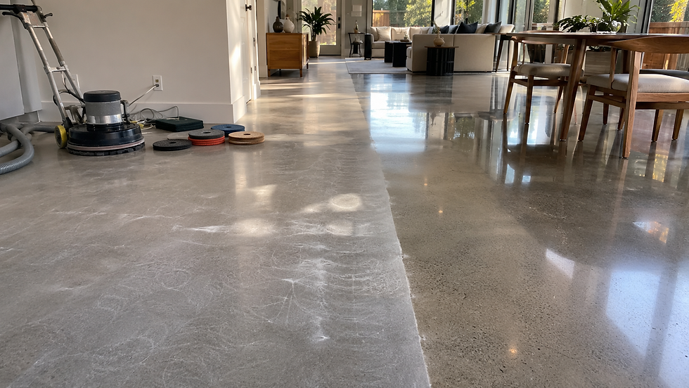 Cloudy polished concrete floor beside a professionally restored clear section showing improved reflection and polished concrete restoration in San Jose.