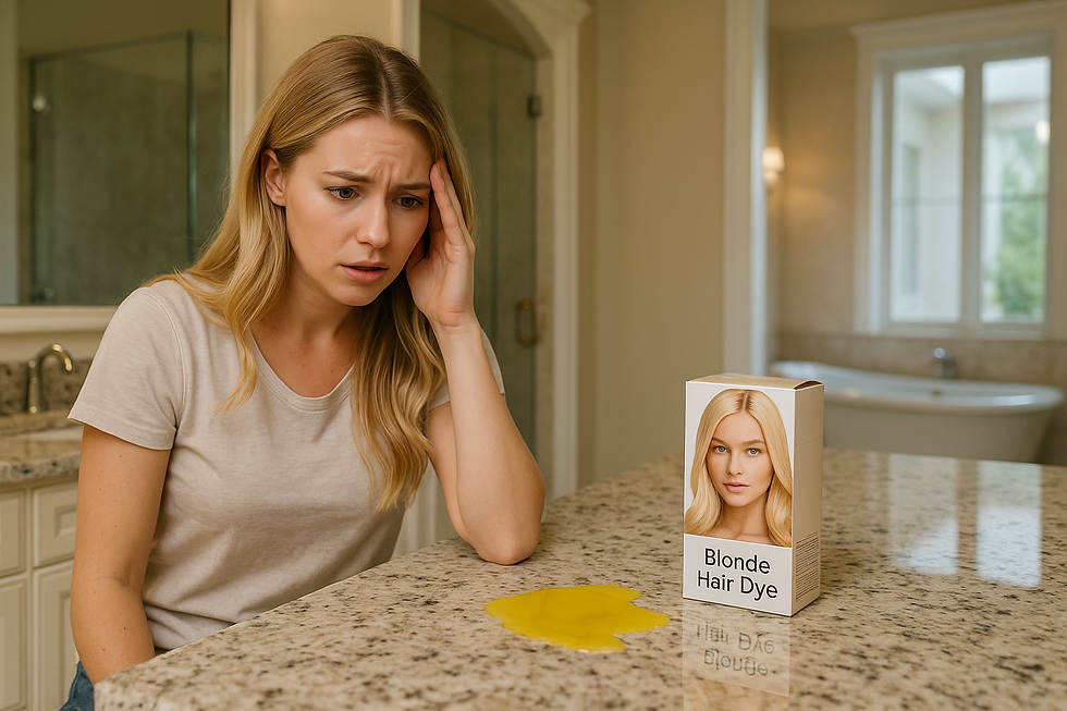 Distressed young blonde woman in a spacious bathroom staring at a bright yellow spill of hair dye on a granite vanity, with the hair‑dye box placed next to the puddle for context.