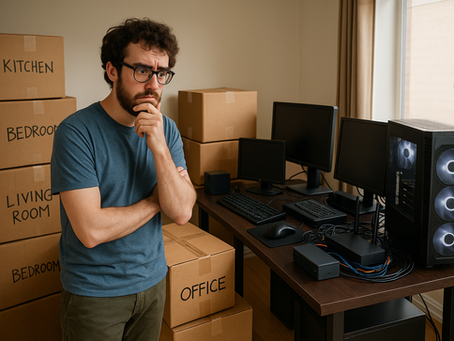 A young man with curly brown hair and rectangular glasses stands in a sunlit room beside a desk holding multiple monitors, a full‑tower PC, and networking devices. Surrounding him are cardboard boxes labeled “Kitchen,” “Bedroom,” “Living Room,” and “Office.” He rests his chin on his hand with a puzzled expression, as if wondering how to move all the tech safely.