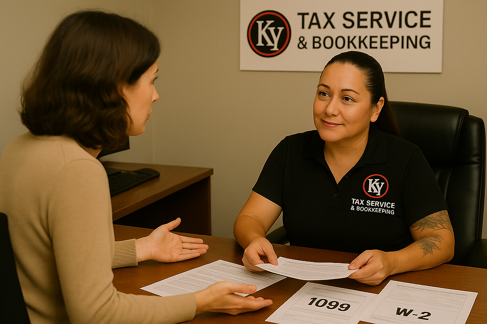 Kim Yurosko of KY Tax Service & Bookkeeping calmly advises a concerned small business owner on how to resolve employee misclassification, with branded signage visible behind her.