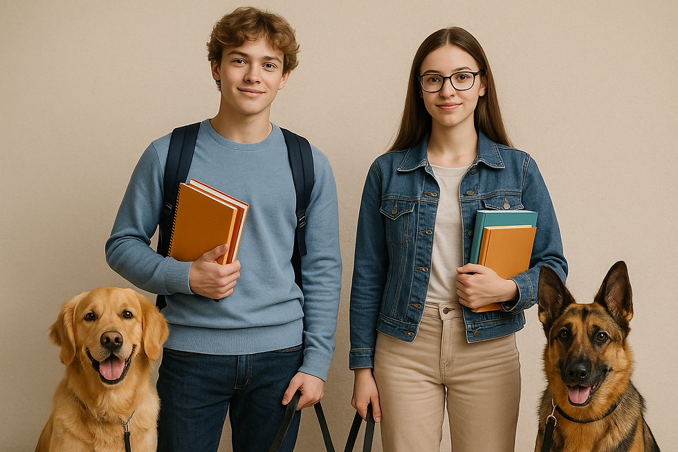 Two smiling students with backpacks and books stand with a golden retriever and a German shepherd against a plain beige background.